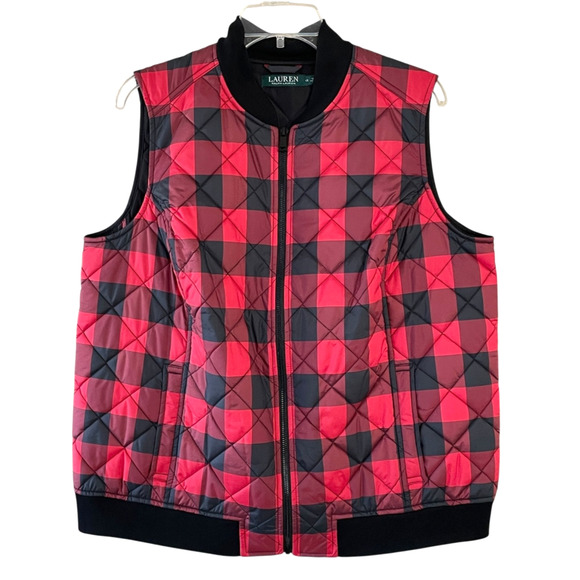LAUREN RALPH LAUREN Women's Size 1X Red Black Buffalo Check Plaid Front Zip Vest - Picture 1 of 7